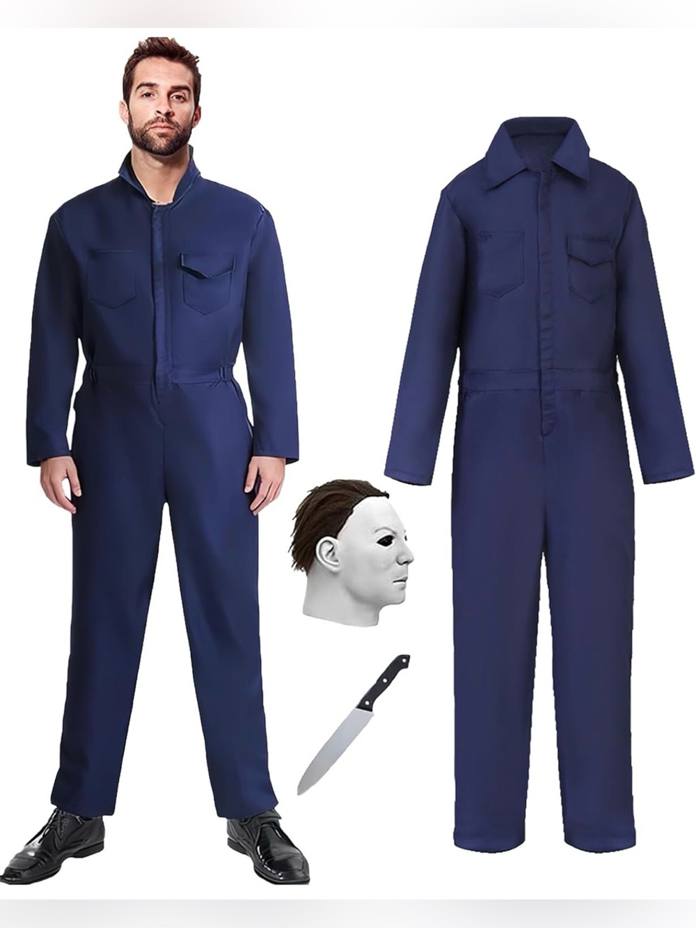 Halloween Michael Myers Costume with White Mask and Prop Knife for Adults